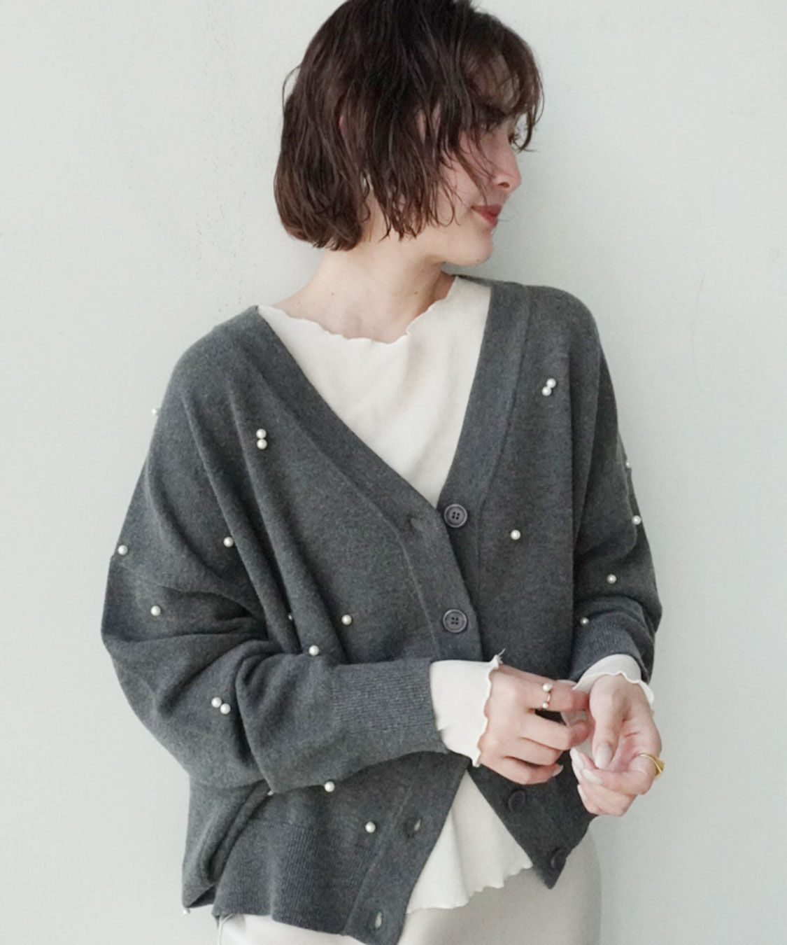 COCO DEAL「パールニットカーディガン」|ニット・セーター|杢グレー