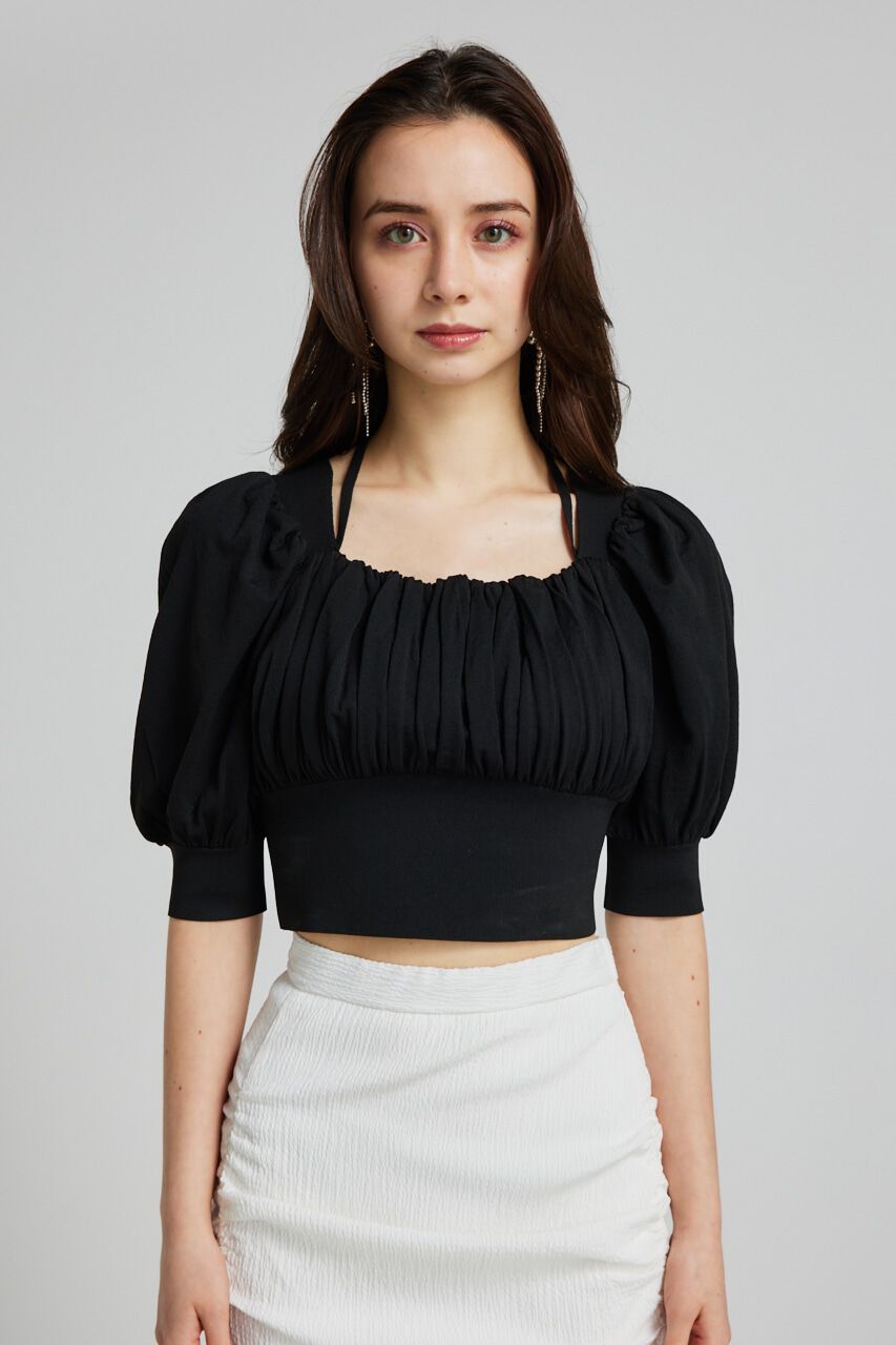 rienda「バストギャザークロップハーフSLV Knit TOP」|ニット・セーター|