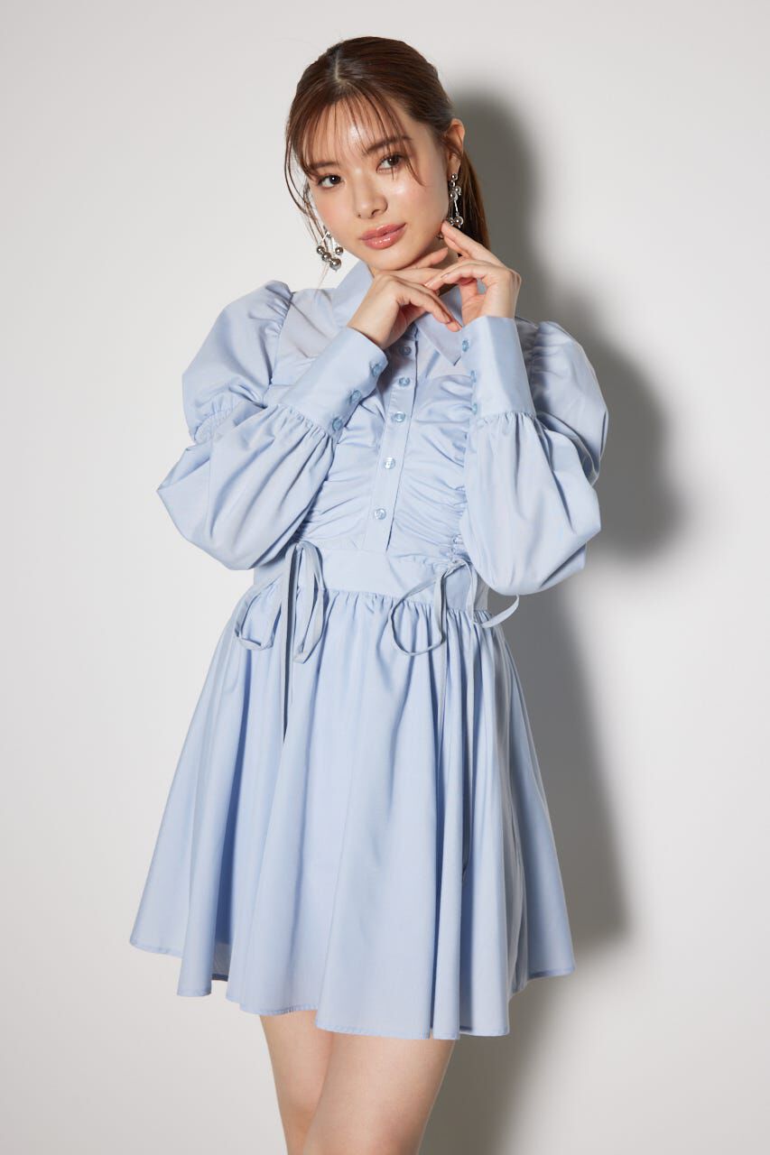 rienda「フロントシャーリングリボンミニシャツフレアワンピース」|ワンピース|BLU