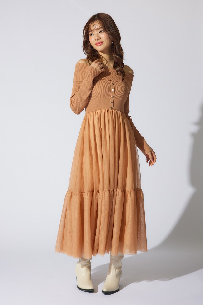 rienda「オフショルダーチュールドッキングワンピース」|ワンピース|