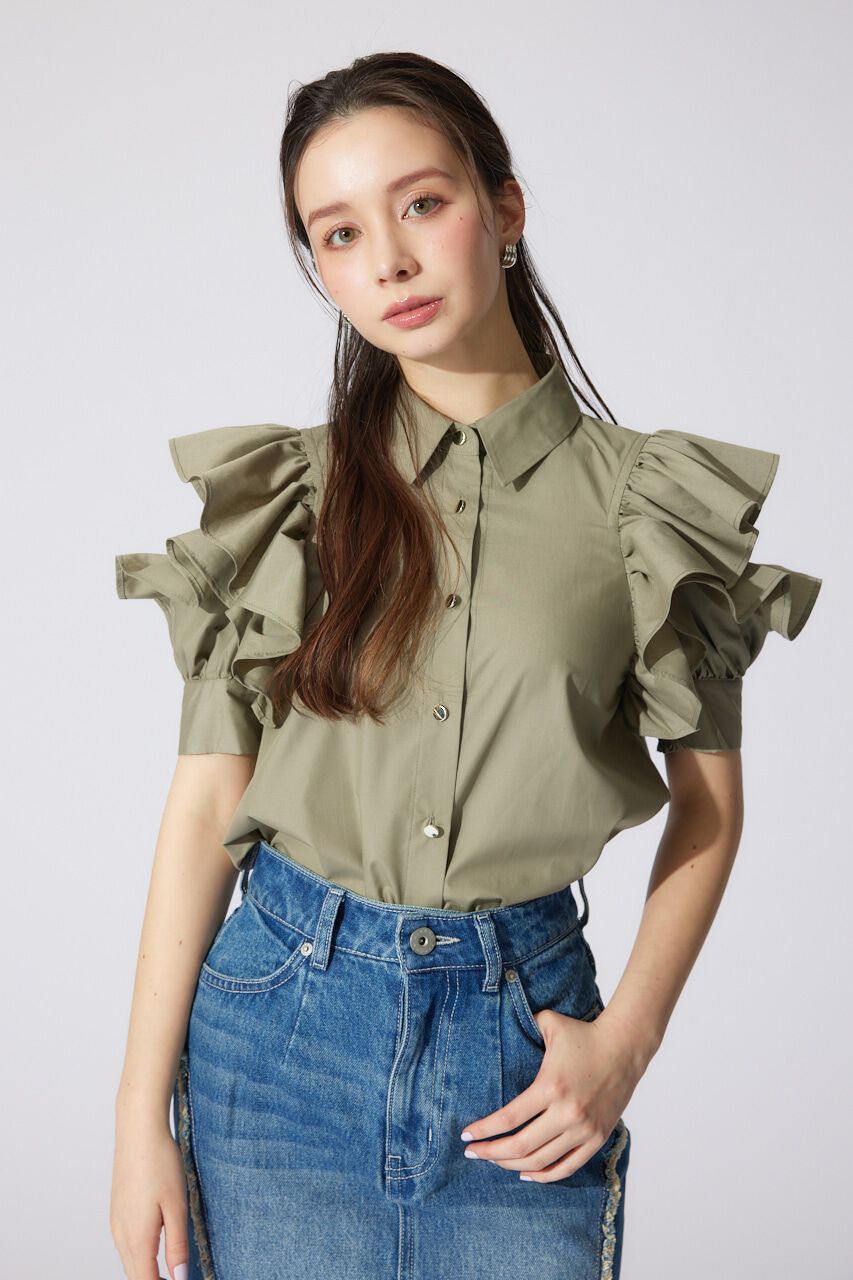 rienda「フリルスリーブデザインシャツトップス」|シャツ・ブラウス|