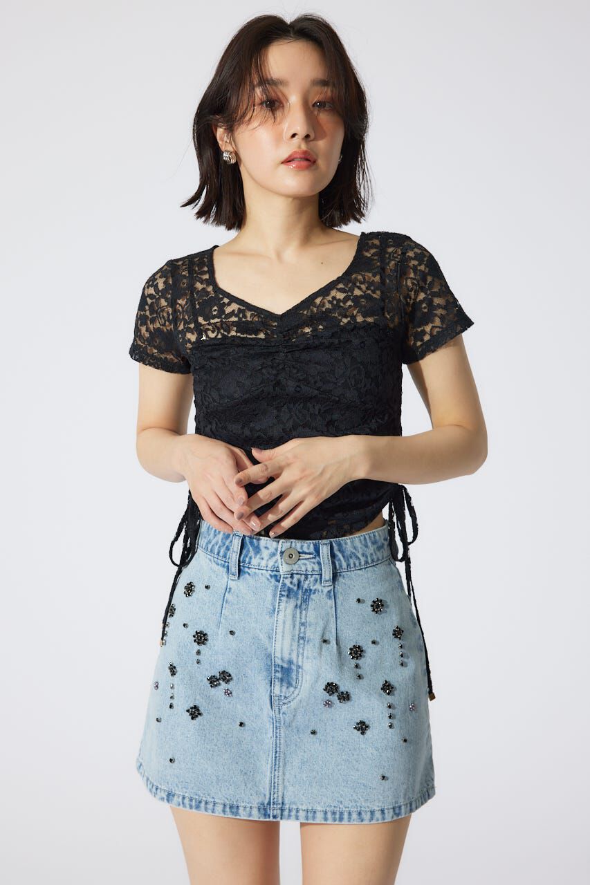 rienda「ミックスフラワービジュージャストウエストデニムスカート」|スカート|