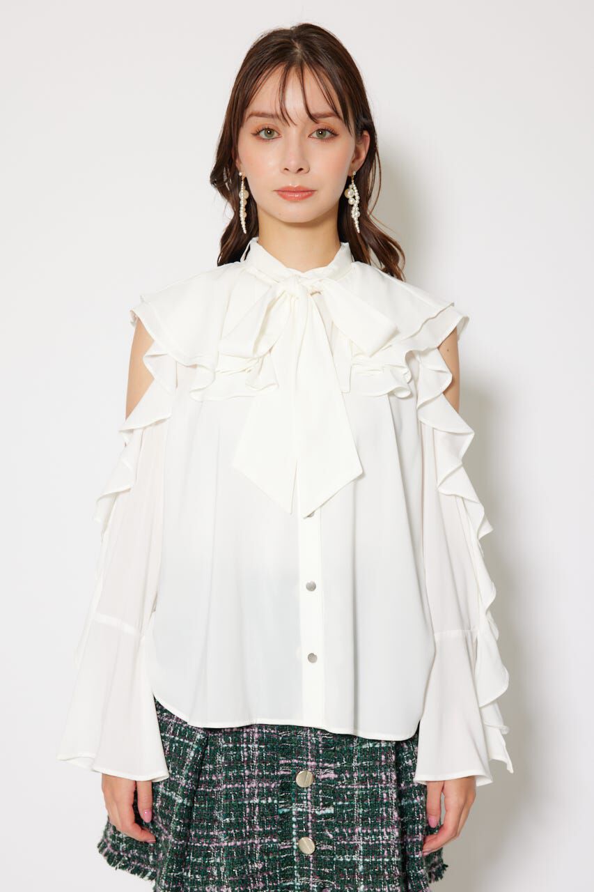 rienda「フリルスリーブビッグカラーリボンブラウス」|シャツ・ブラウス|
