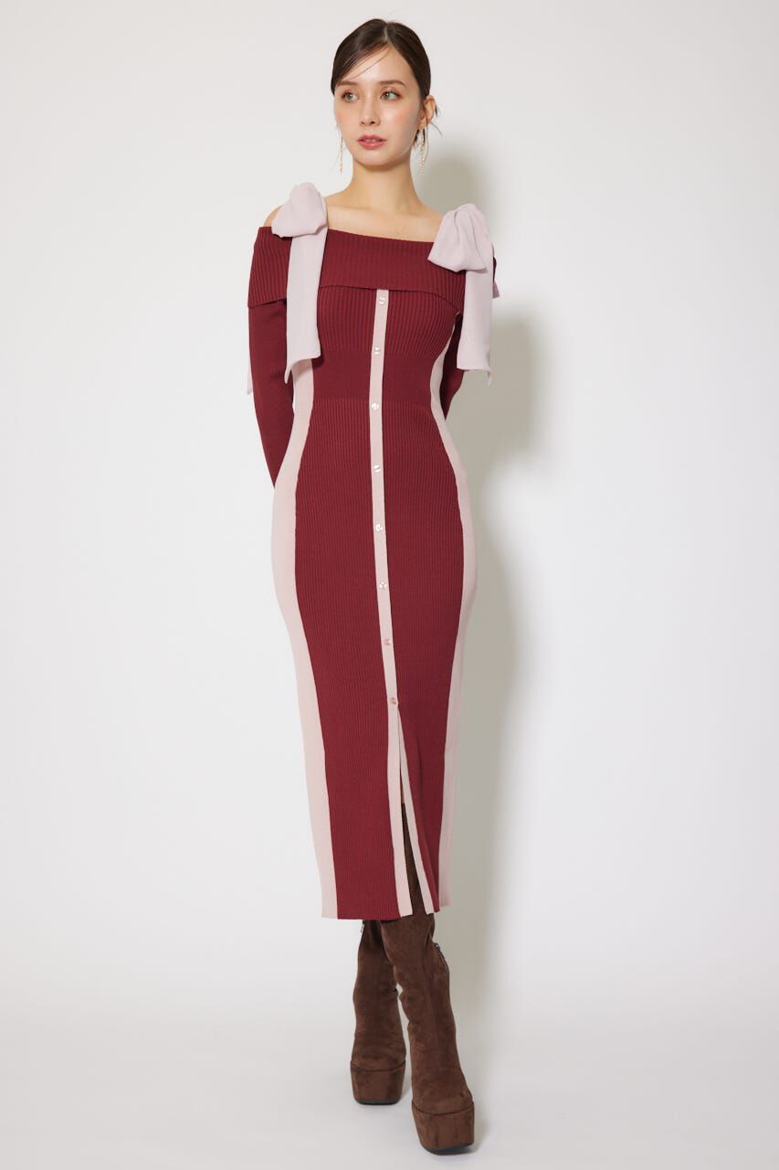 rienda「バイカラーオフショルリボンニットワンピース」|ワンピース|