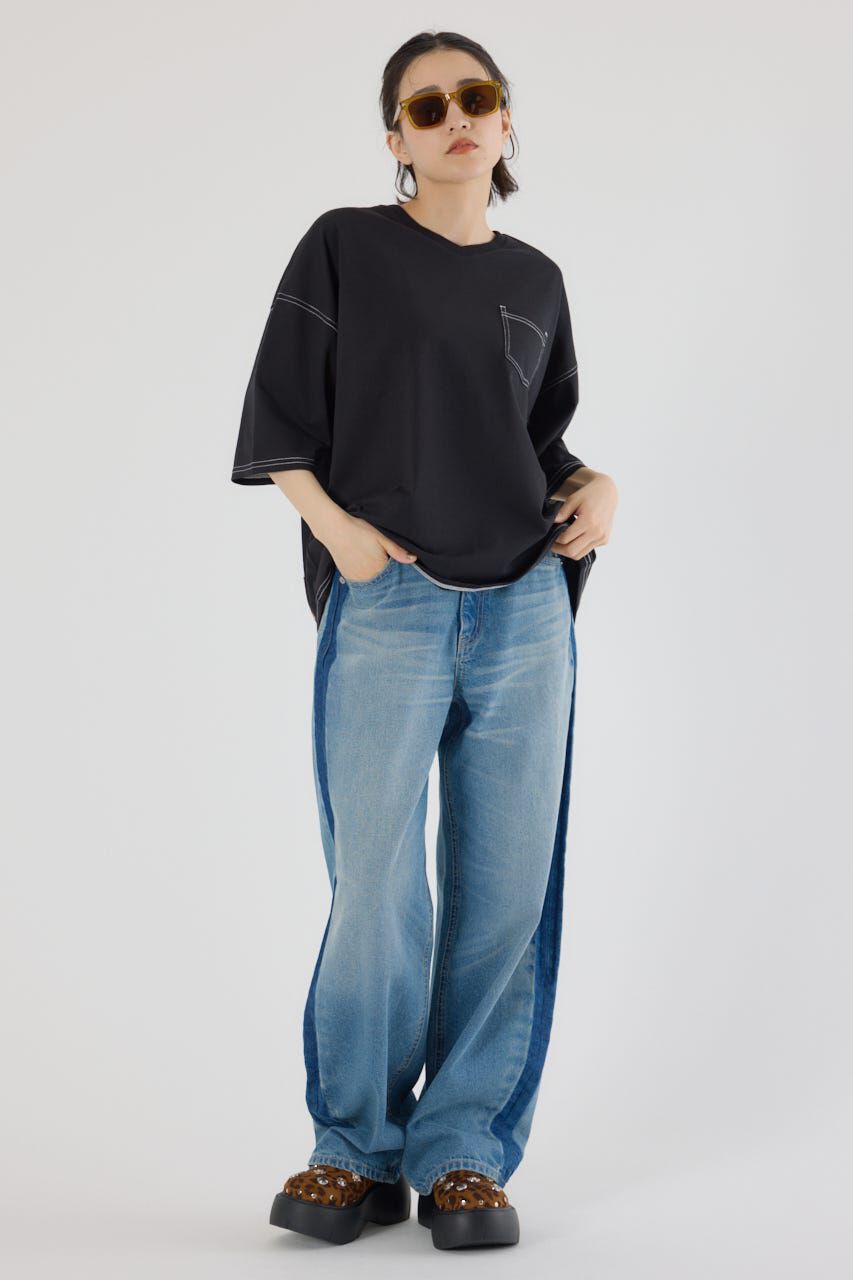 RODEO CROWNS「カラーステッチVネック5分袖Tシャツ」|Tシャツ・カットソー|