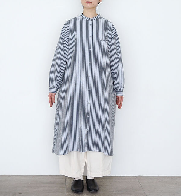 休日と詩「小さなポケットのロングシャツ」|シャツ・ブラウス|ブルーストライプ