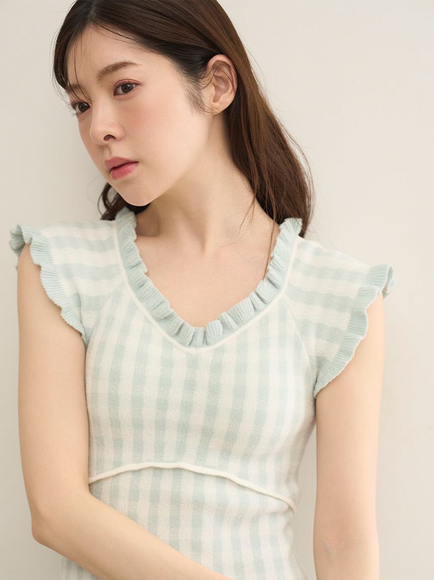 SNIDEL HOME「ギンガムフリルニットワンピース」|ルームウェア|