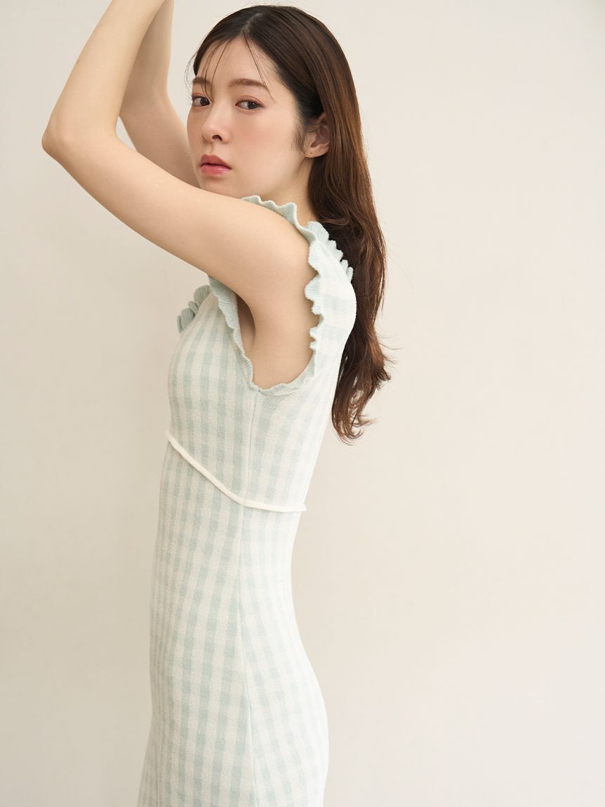 SNIDEL HOME「ギンガムフリルニットワンピース」|ルームウェア|