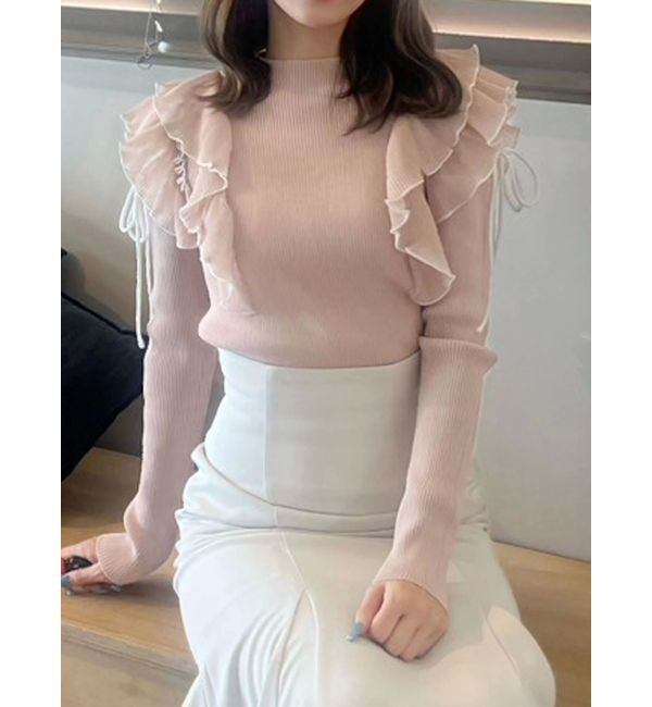 MERCURYDUO「異素材プリーツラッフルリブニット」|ニット・セーター|