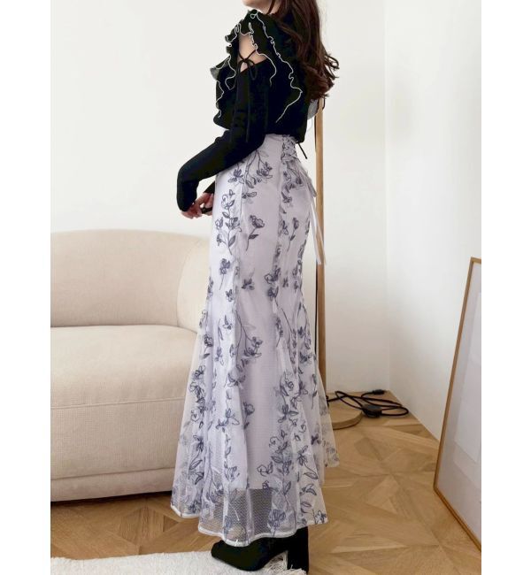 MERCURYDUO「異素材プリーツラッフルリブニット」|ニット・セーター|