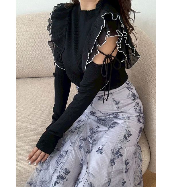 MERCURYDUO「異素材プリーツラッフルリブニット」|ニット・セーター|