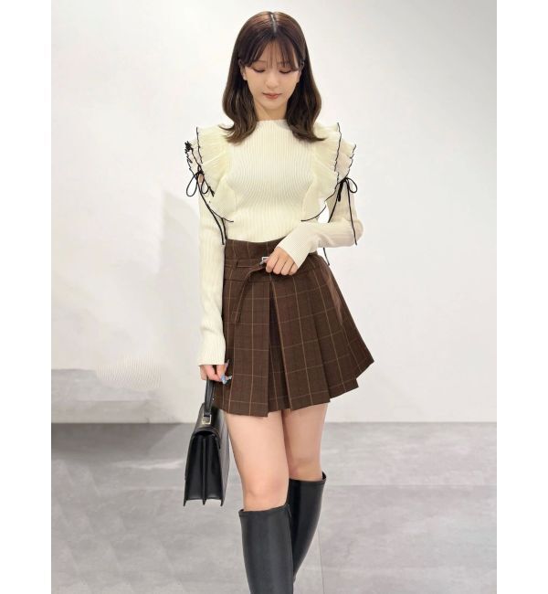 MERCURYDUO「異素材プリーツラッフルリブニット」|ニット・セーター|