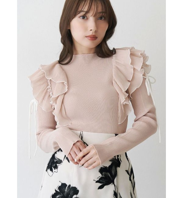 MERCURYDUO「異素材プリーツラッフルリブニット」|ニット・セーター|