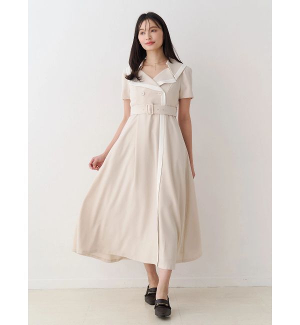 MERCURYDUO「バイカラーハーフスリーブトレンチフレアワンピース」|ワンピース|ベージュ