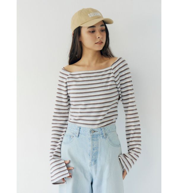 Ungrid「【WEB限定】オフショルダーボーダーロングスリーブTee」|Tシャツ・カットソー|ブラウン