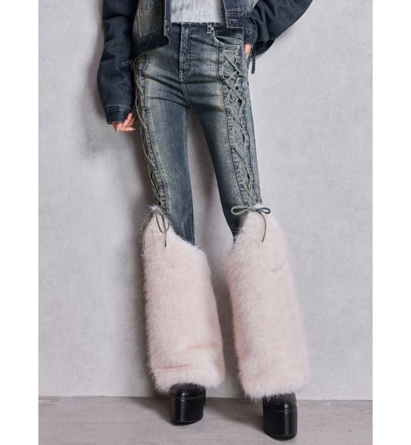GYDA「ハイウエスト LEG 2WAY ECO FURサイドレースアップフレアデニムパンツ」|デニム|ブルー