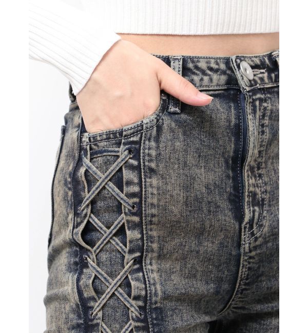 GYDA「ハイウエスト LEG 2WAY ECO FURサイドレースアップフレアデニムパンツ」|デニム|