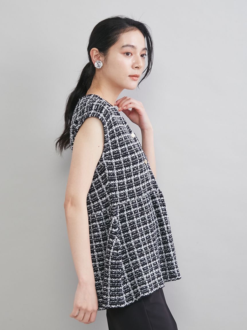 Mila Owen「ペプラムデザインＶネックツィードベスト」|ダウンベスト・ベスト|