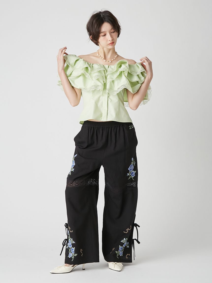 LILY BROWN「フラワークロスステッチリボンパンツ」|チノ|