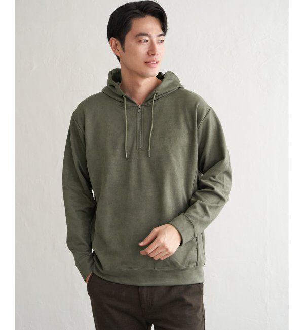 ikka「GOKU楽スエードハーフジップパーカ」|パーカー|カーキ