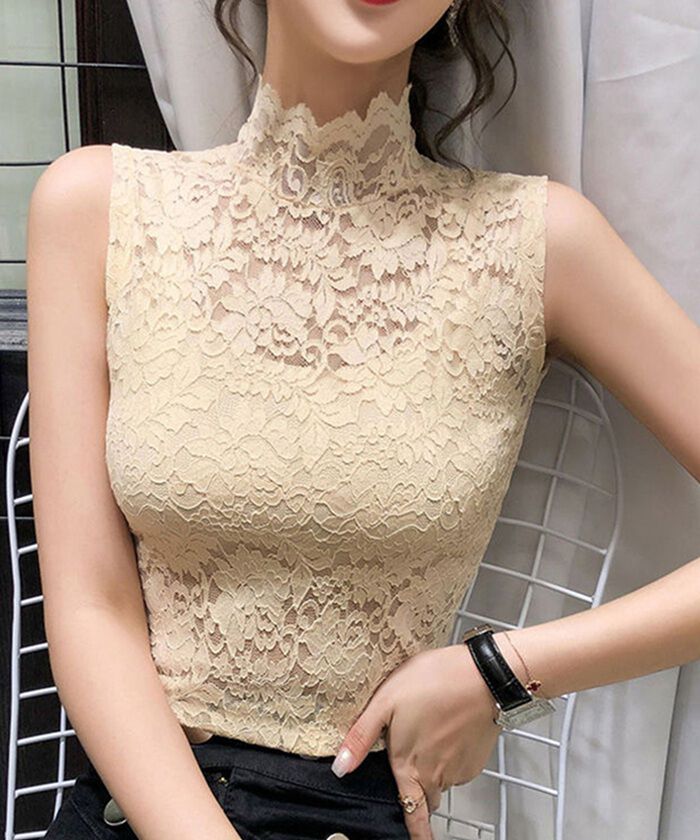 BACKYARD FAMILY「ハイネック レース タンクトップ 通販 ノースリーブ 透け感 トップス ハイネックレースインナー」|その他|