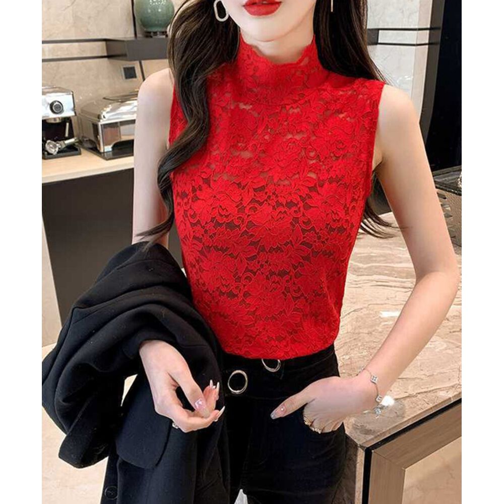 BACKYARD FAMILY「ハイネック レース タンクトップ 通販 ノースリーブ 透け感 トップス ハイネックレースインナー」|その他|レッド1