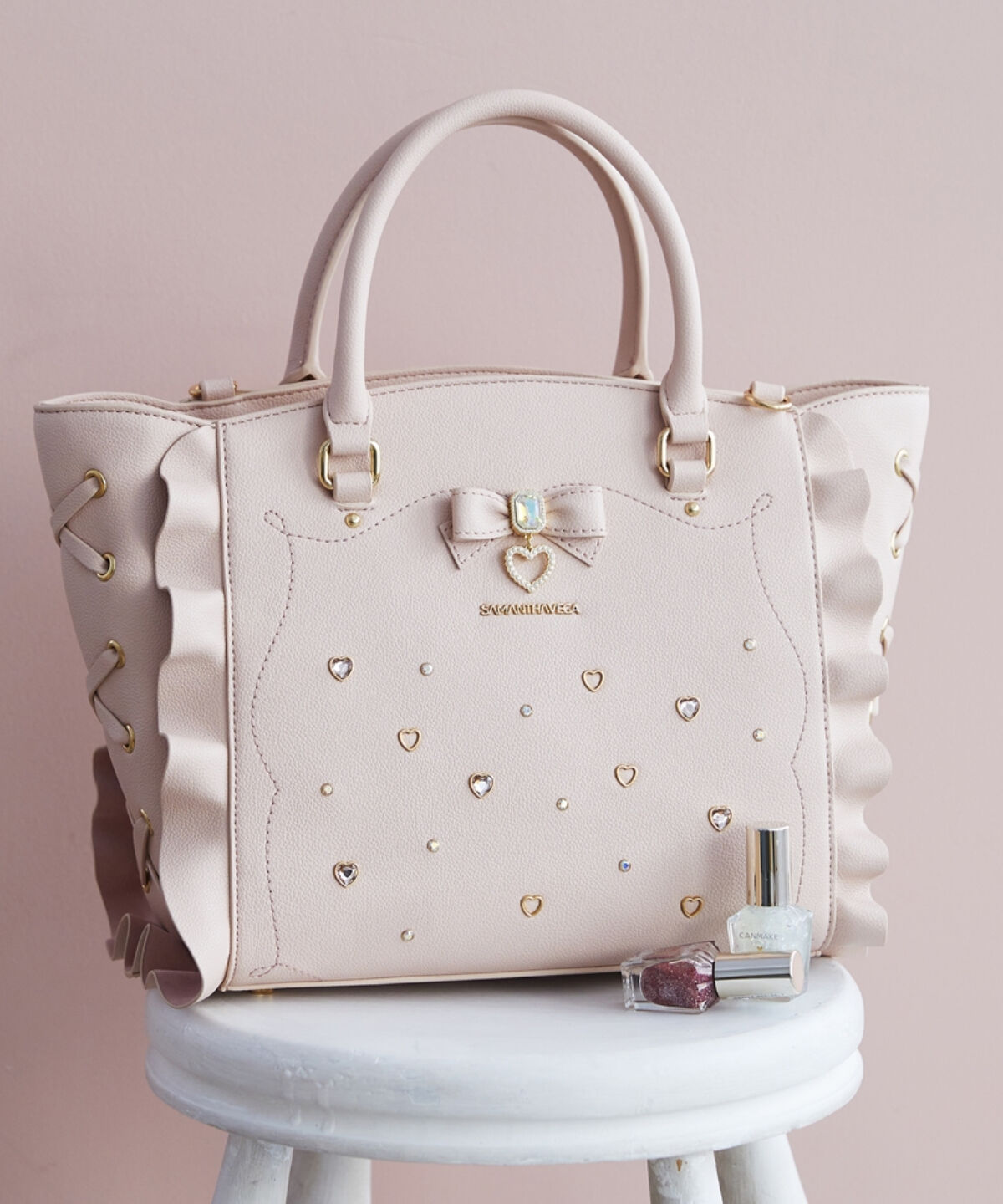 Samantha Vega「サイドレースアップリボンビジューフラッター」|ハンドバッグ|ピンク