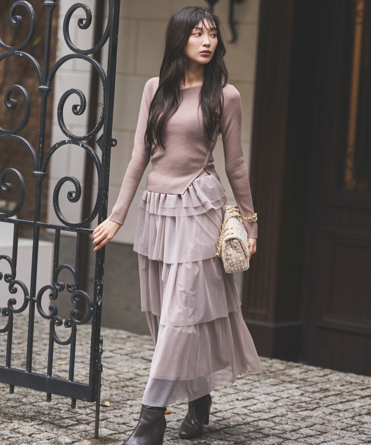 アンドクチュール「チュールティアードスカート」|フレア|ベージュ