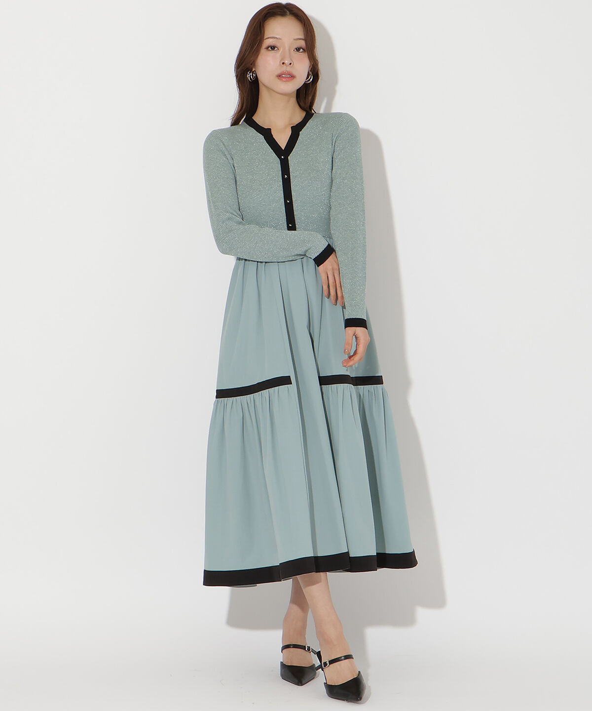 アンドクチュール「ラメ入り配色ドッキングワンピース」|ワンピース|ミント