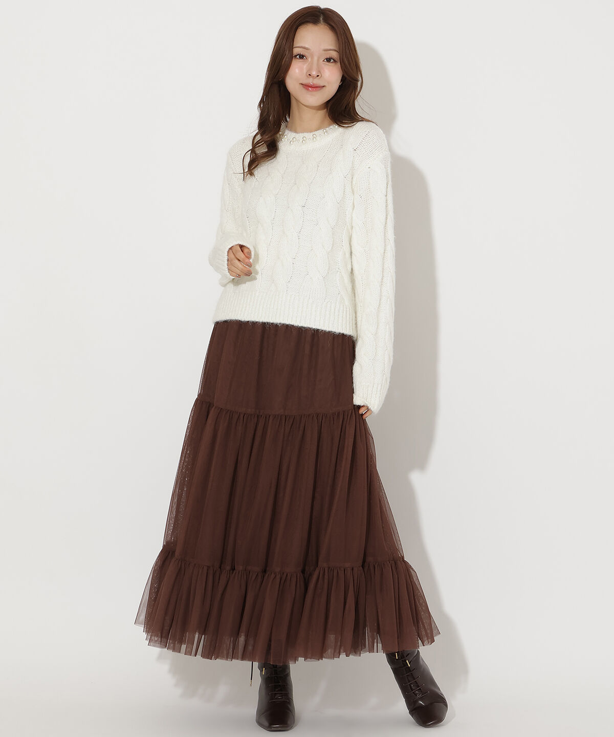 アンドクチュール「チュールティアードギャザースカート」|フレア|ブラウン