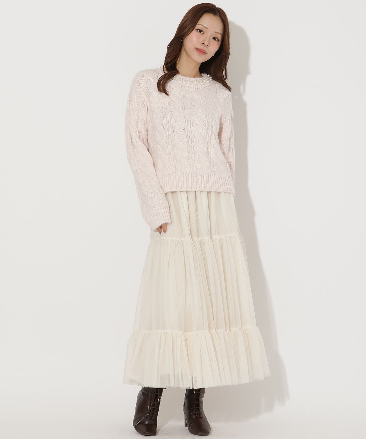 アンドクチュール「パール襟ケーブルニットプルオーバー」|ニット・セーター|