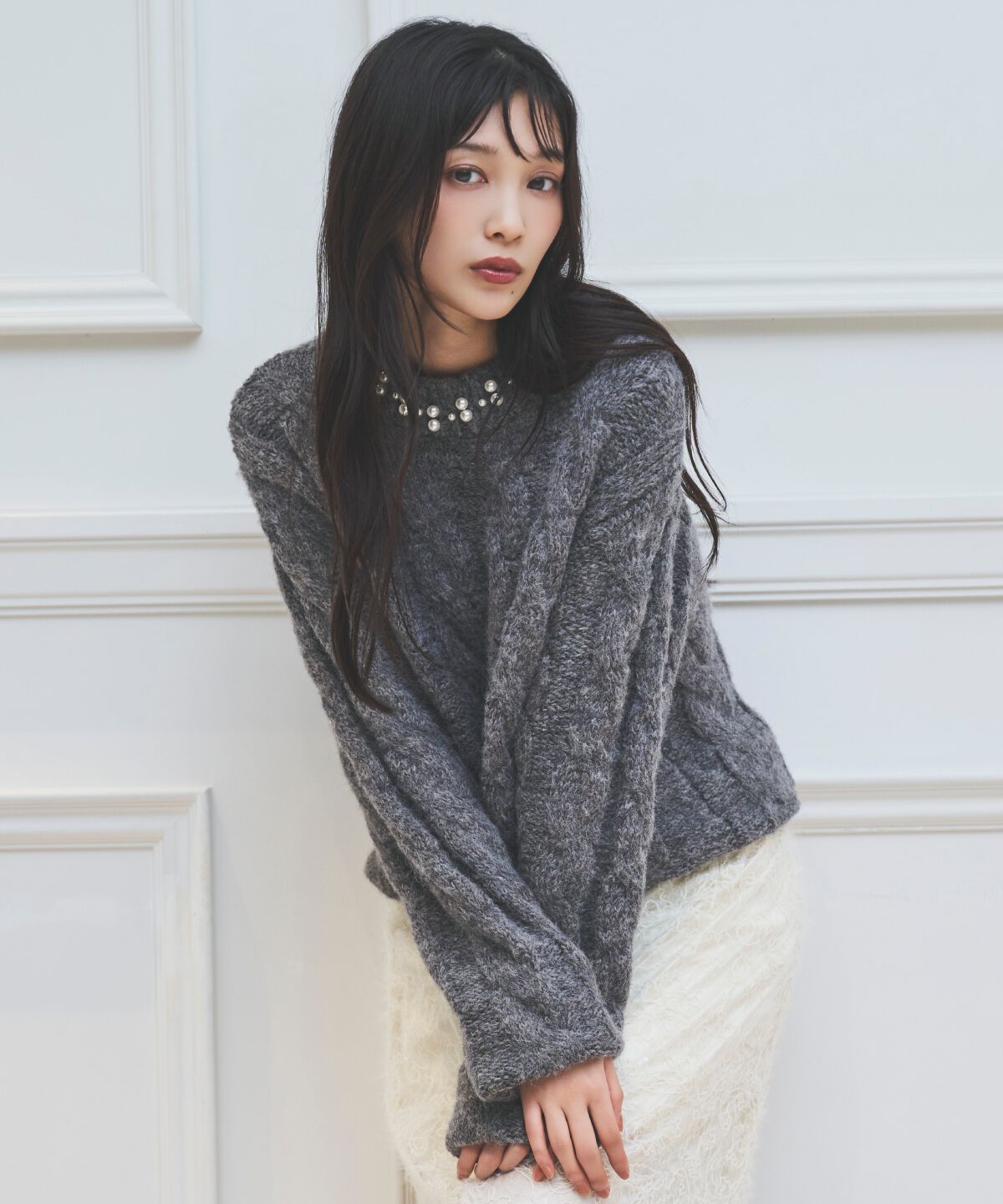 アンドクチュール「パール襟ケーブルニットプルオーバー」|ニット・セーター|