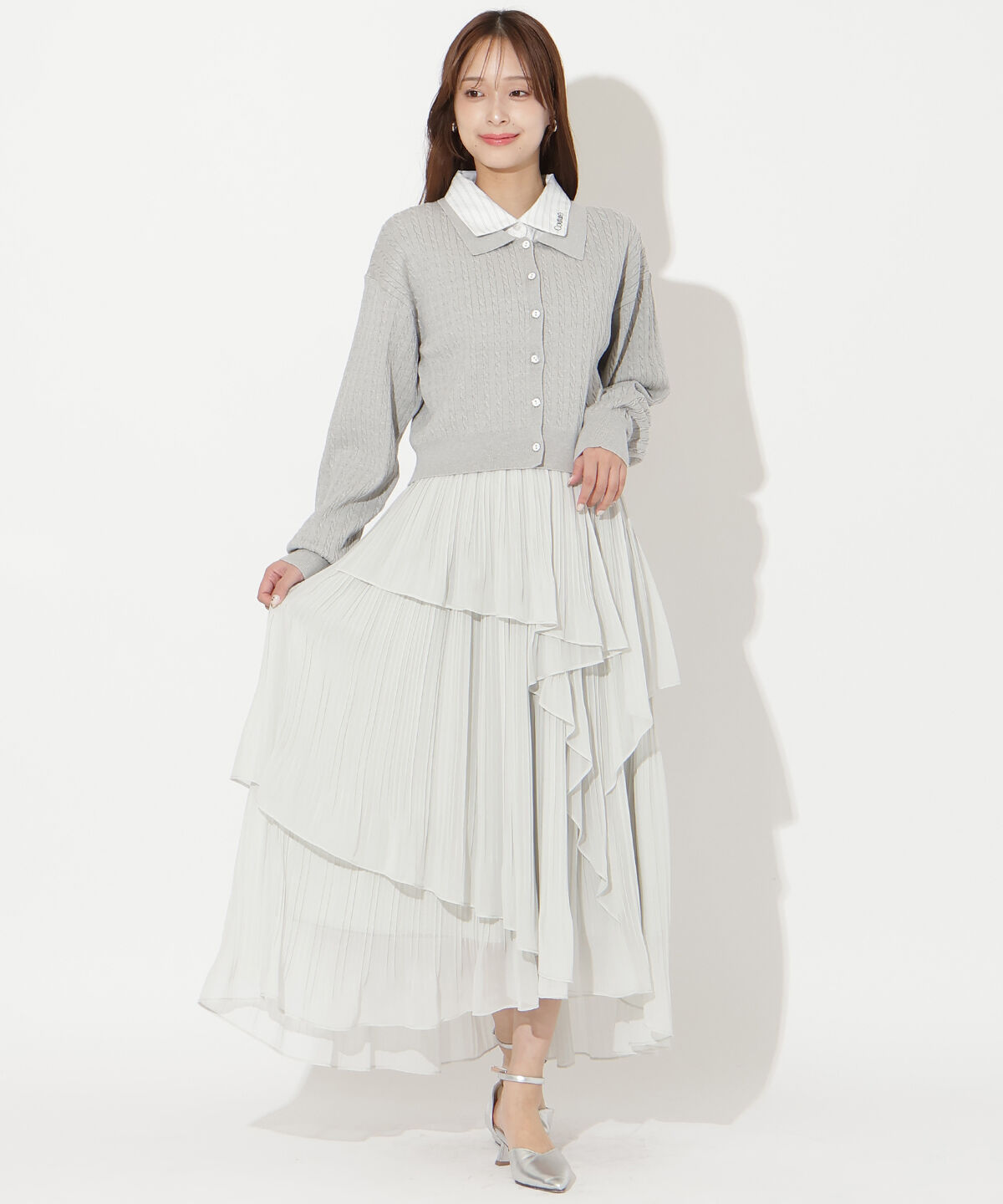 アンドクチュール「シャツレイヤード風ケーブルカーディガン」|カーディガン|