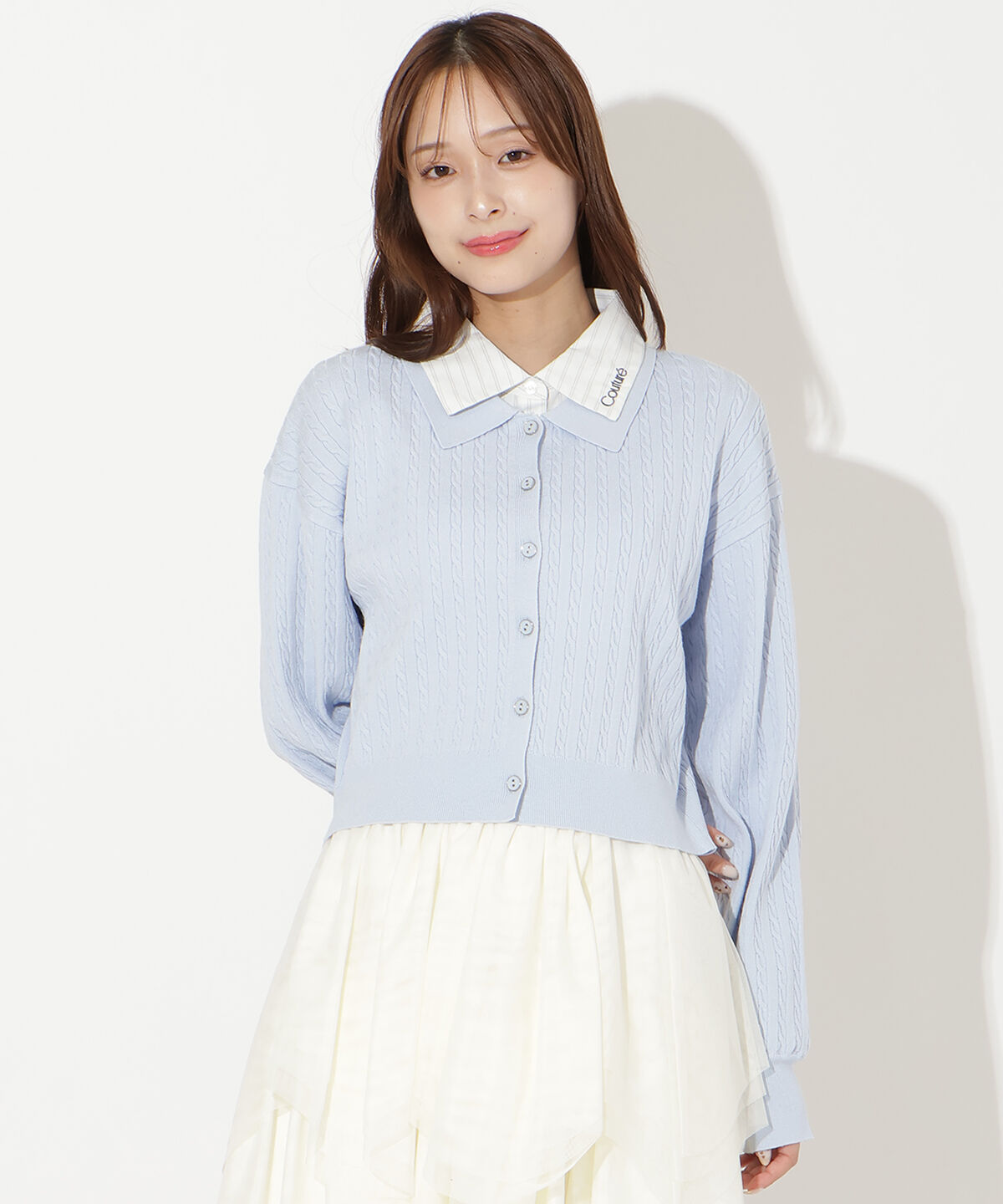 アンドクチュール「シャツレイヤード風ケーブルカーディガン」|カーディガン|ブルー