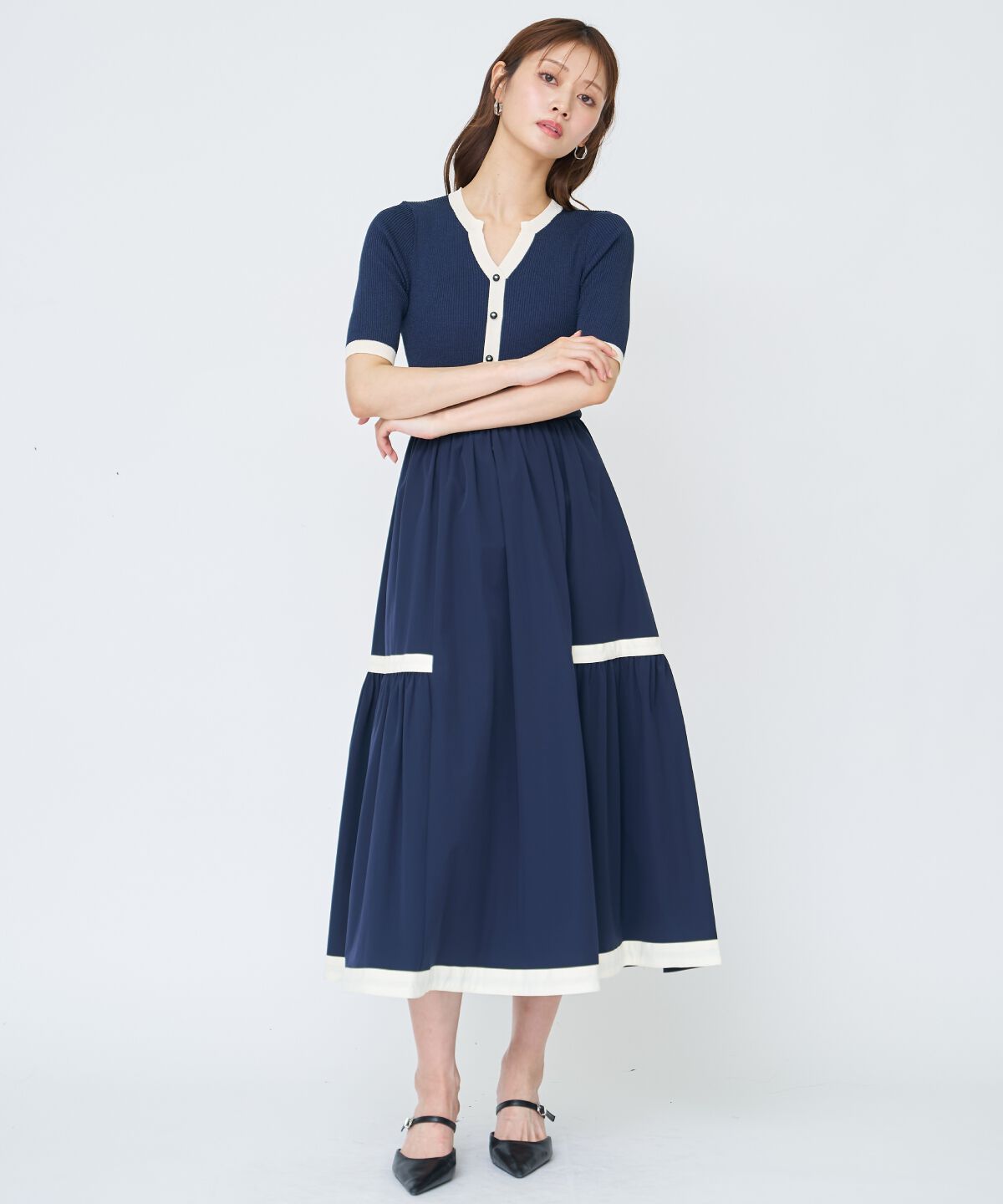 アンドクチュール「ラメ入り配色ドッキングワンピース」|ワンピース|ネイビー