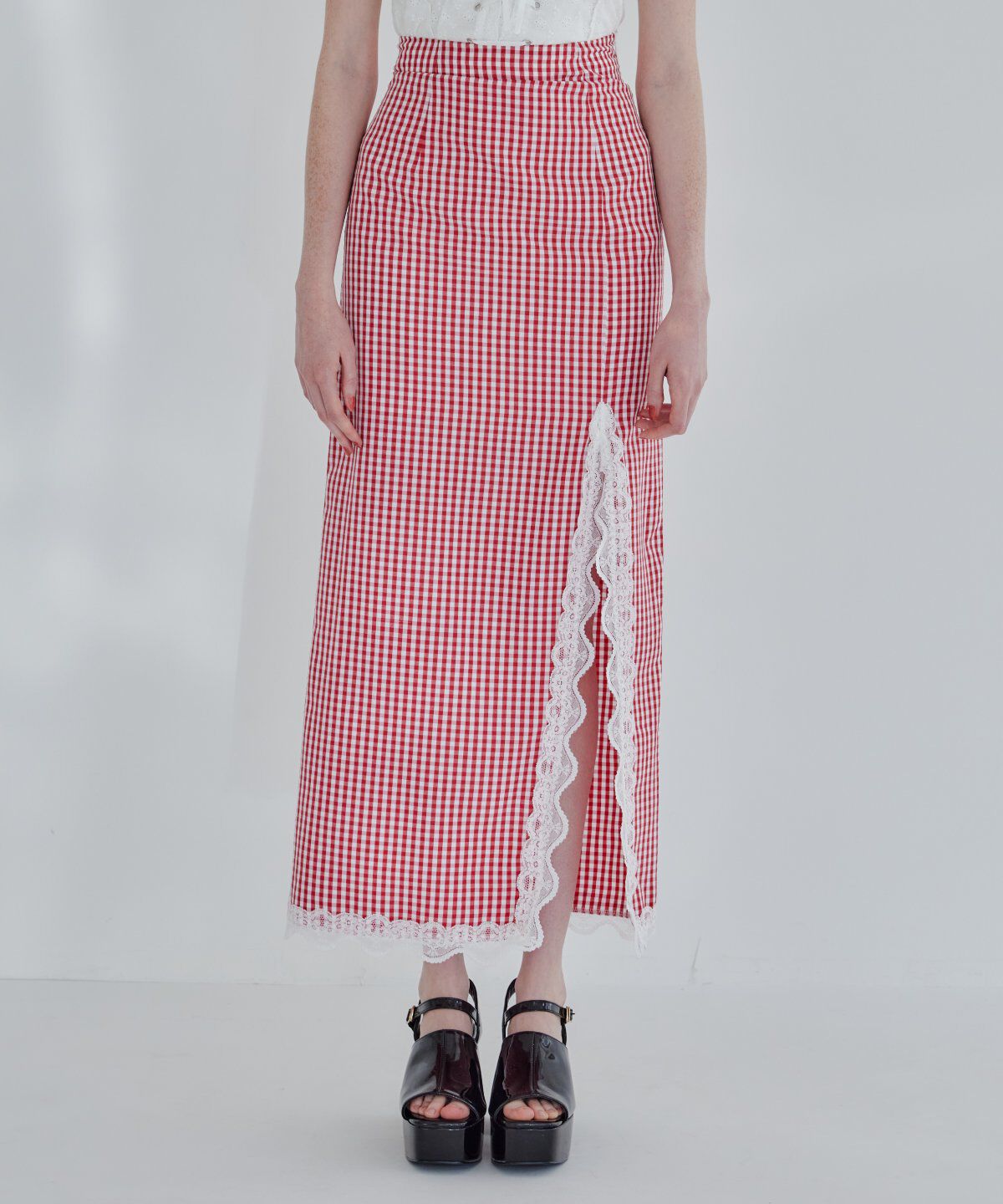 REDYAZEL「ギンガムチェックレーストリミングスカート」|タイト|