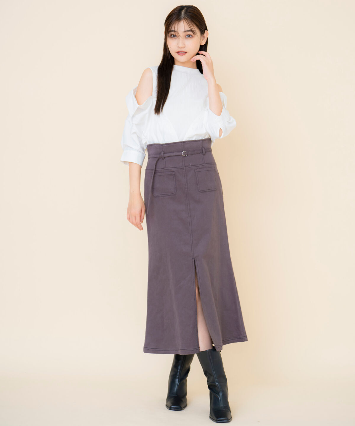 REDYAZEL「配色ステッチＡラインスカート」|タイト|ライトグレー