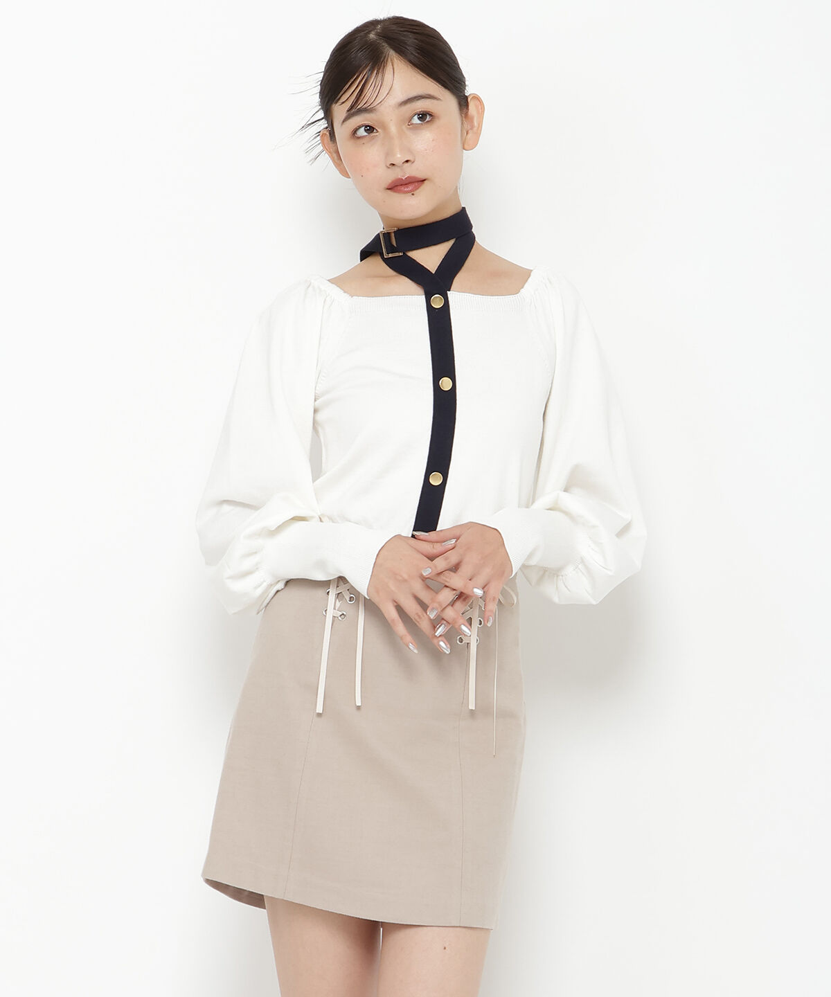 REDYAZEL「リボンレースアップミニスカート」|タイト|