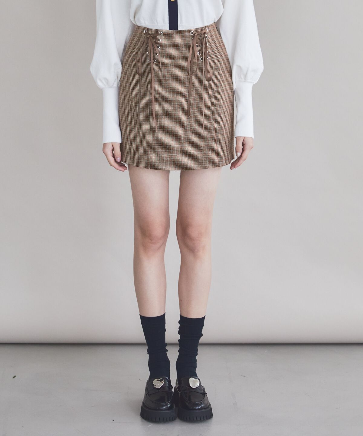 REDYAZEL「リボンレースアップミニスカート」|タイト|