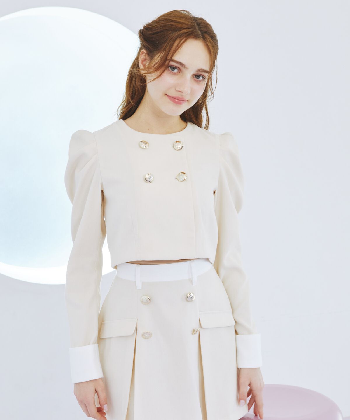 REDYAZEL「ダブルボタンバイカラージャケット」|ノーカラージャケット|オフ