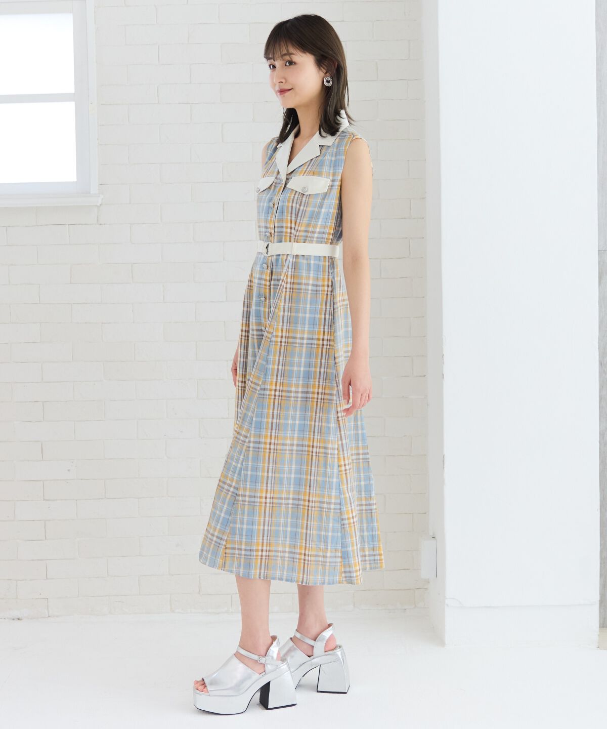 REDYAZEL「バイカラーチェックノースリーブシャツワンピース」|ワンピース|
