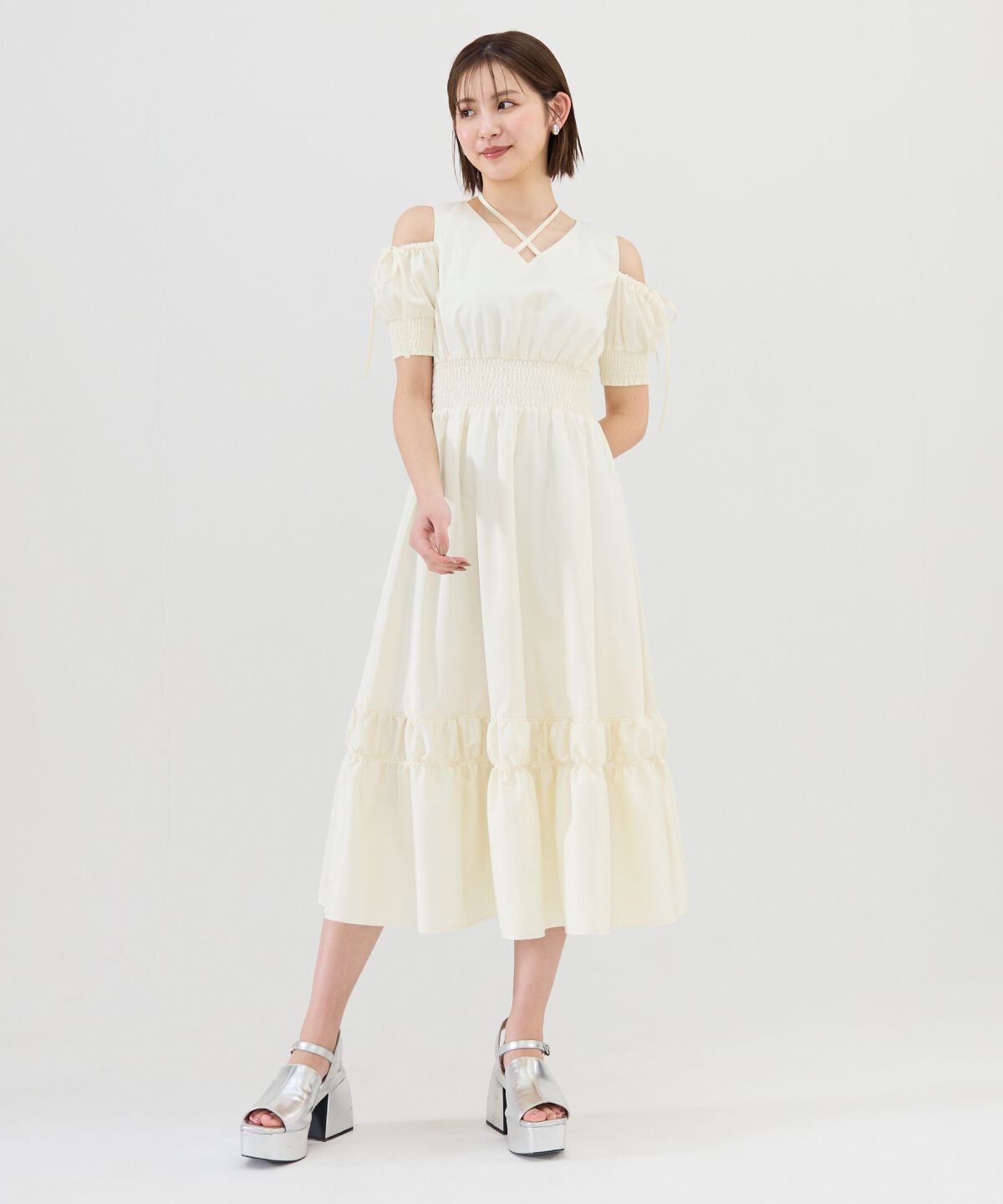 REDYAZEL「シャーリングオープンショルダーワンピース」|ワンピース|イエロー