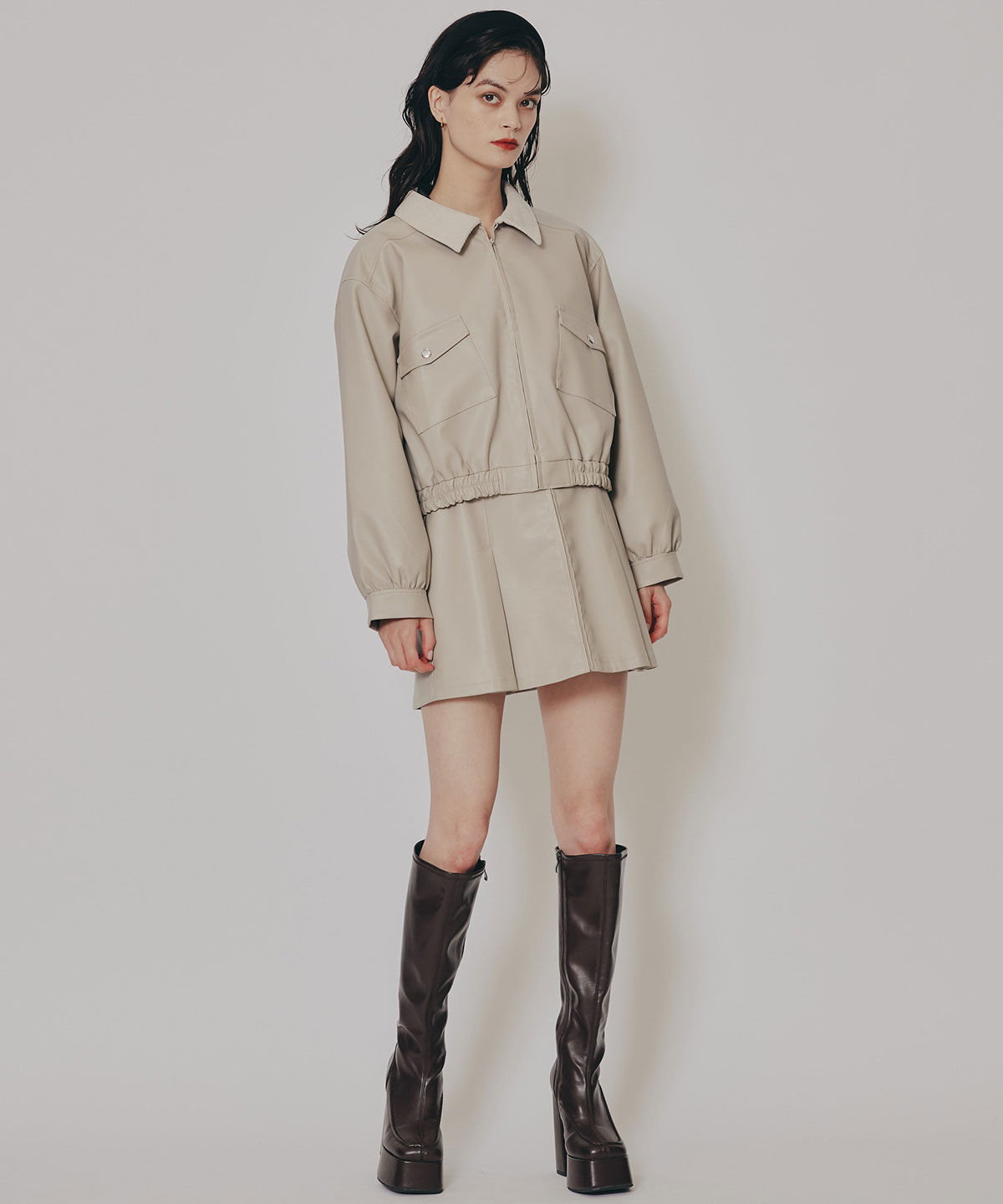 REDYAZEL「フェイクレザーBOXプリーツミニスカート」|フレア|