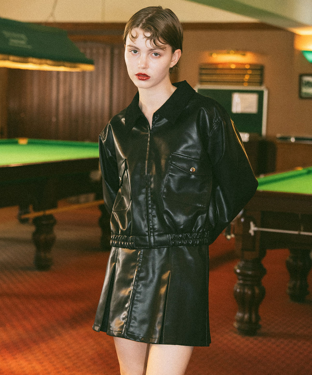 REDYAZEL「フェイクレザーBOXプリーツミニスカート」|フレア|ブラック