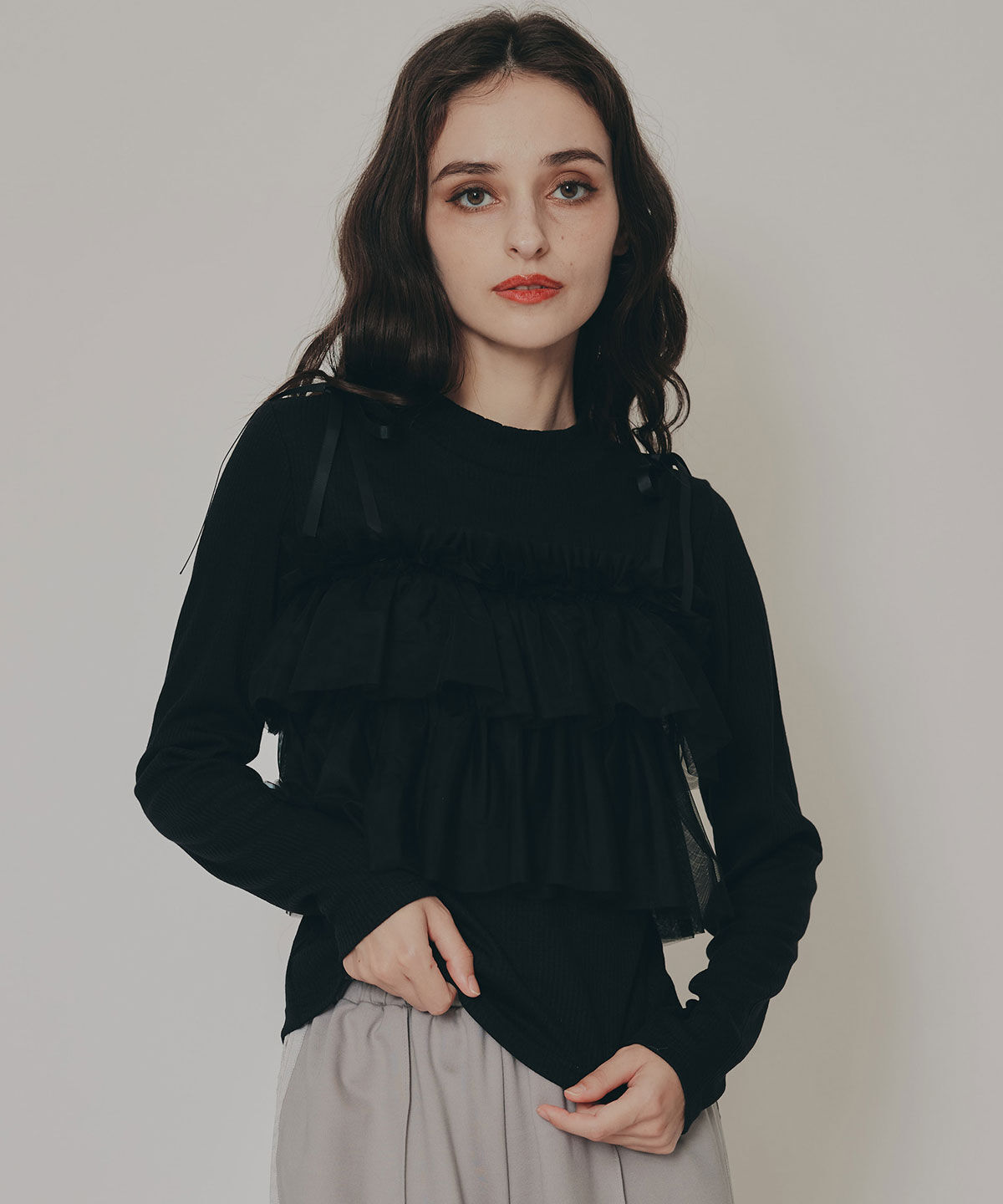 REDYAZEL「リボンチュールフリルビスチェニットトップス」|ニット・セーター|ブラック