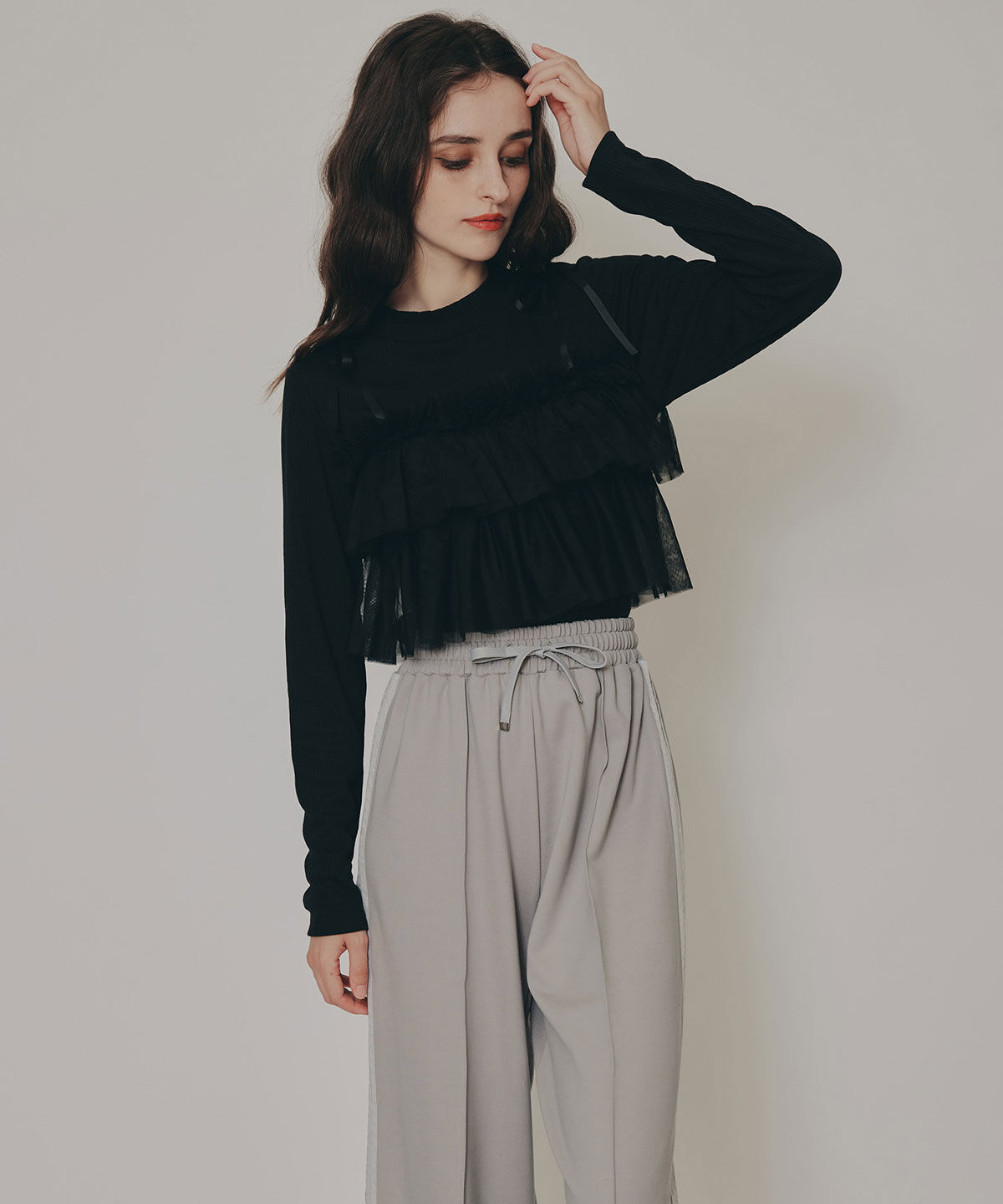 REDYAZEL「リボンチュールフリルビスチェニットトップス」|ニット・セーター|