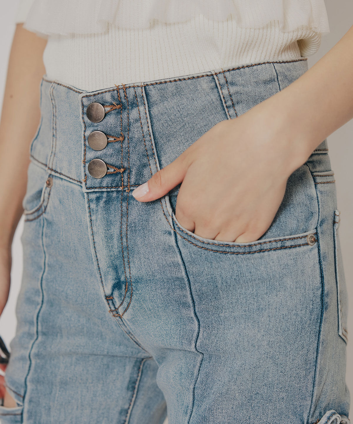 REDYAZEL「カットアウトリボンストレッチデニム」|デニム|