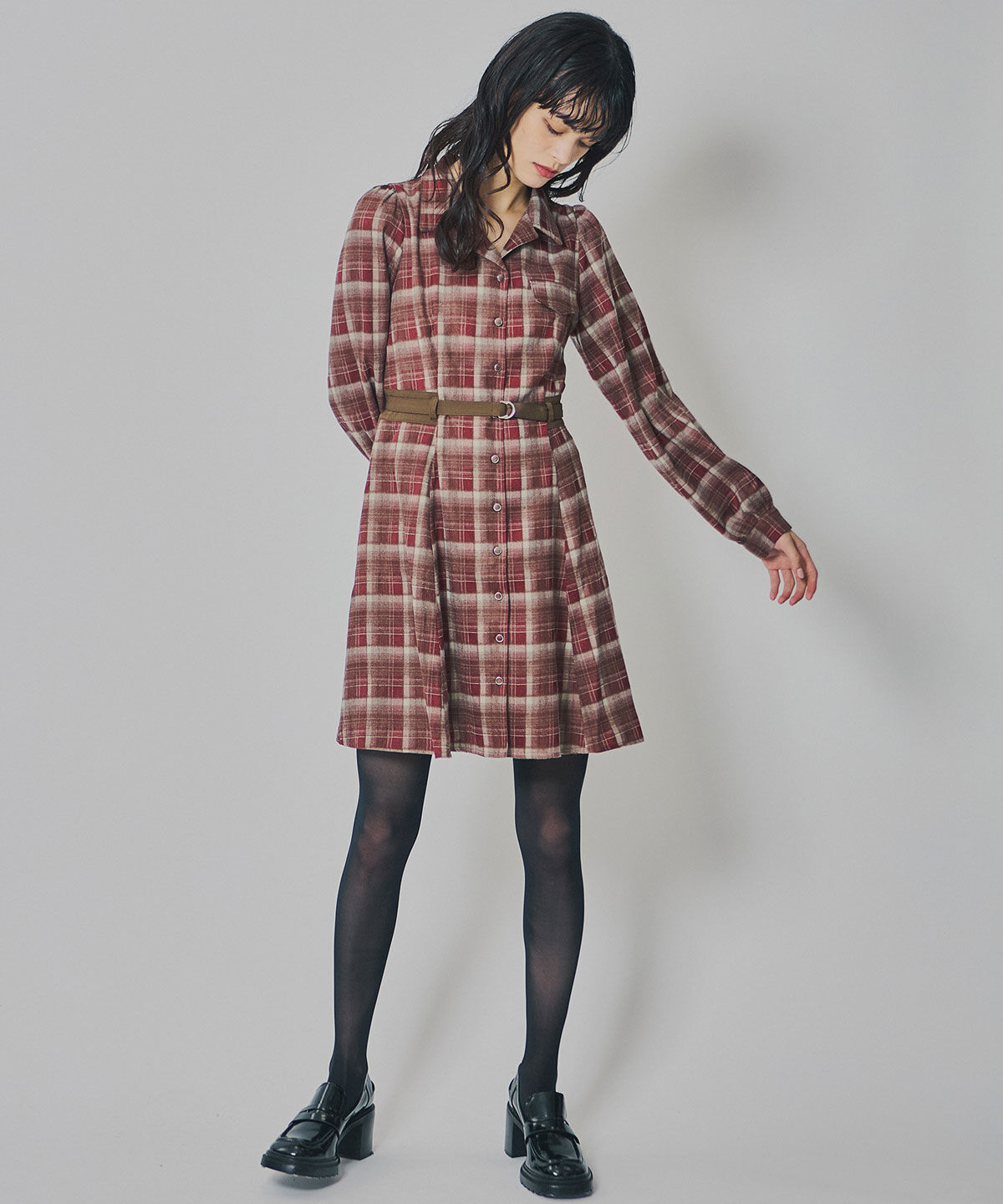 REDYAZEL「ウエストベルトチェックミニワンピース」|ワンピース|