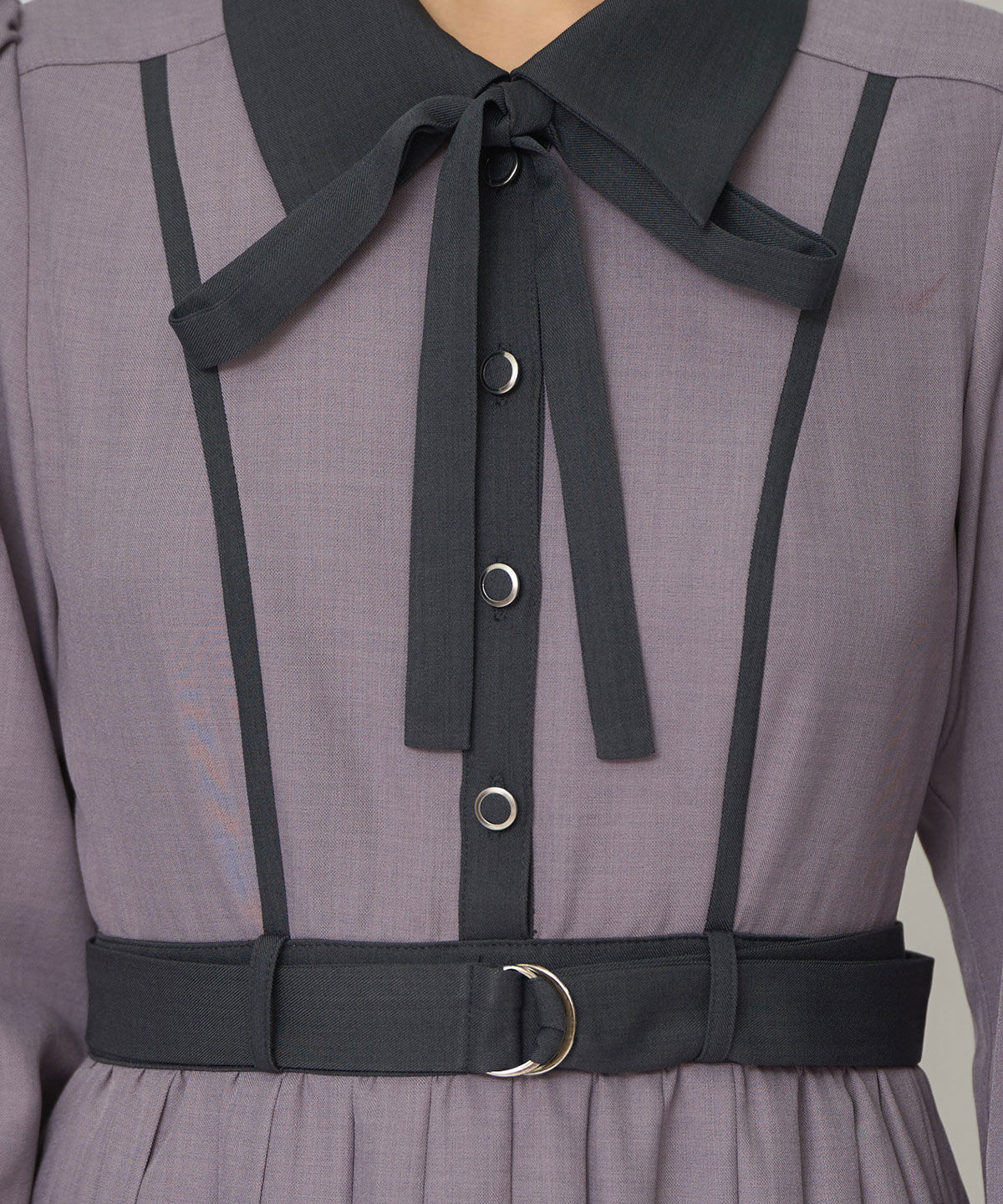 REDYAZEL「クラシカルバイカラーラインリボンタイプリーツロングワンピース」|ワンピース|