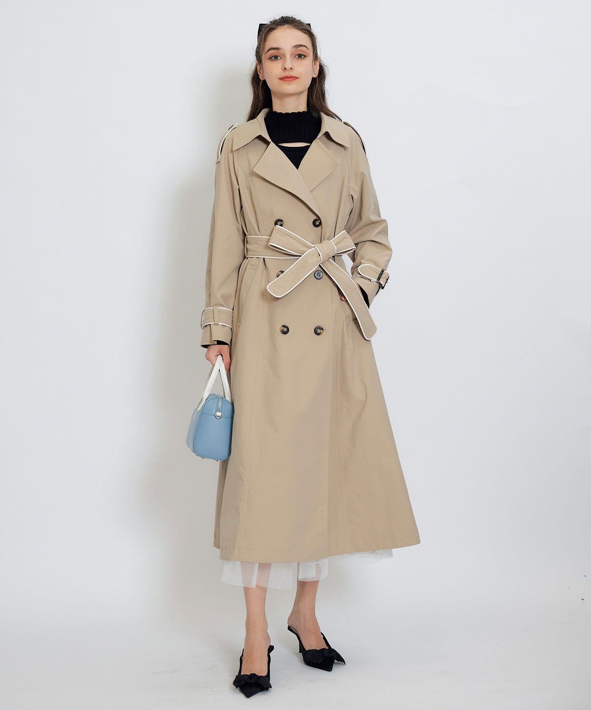 REDYAZEL「バックベルトデザインパイピングロングトレンチコート」|トレンチコート|